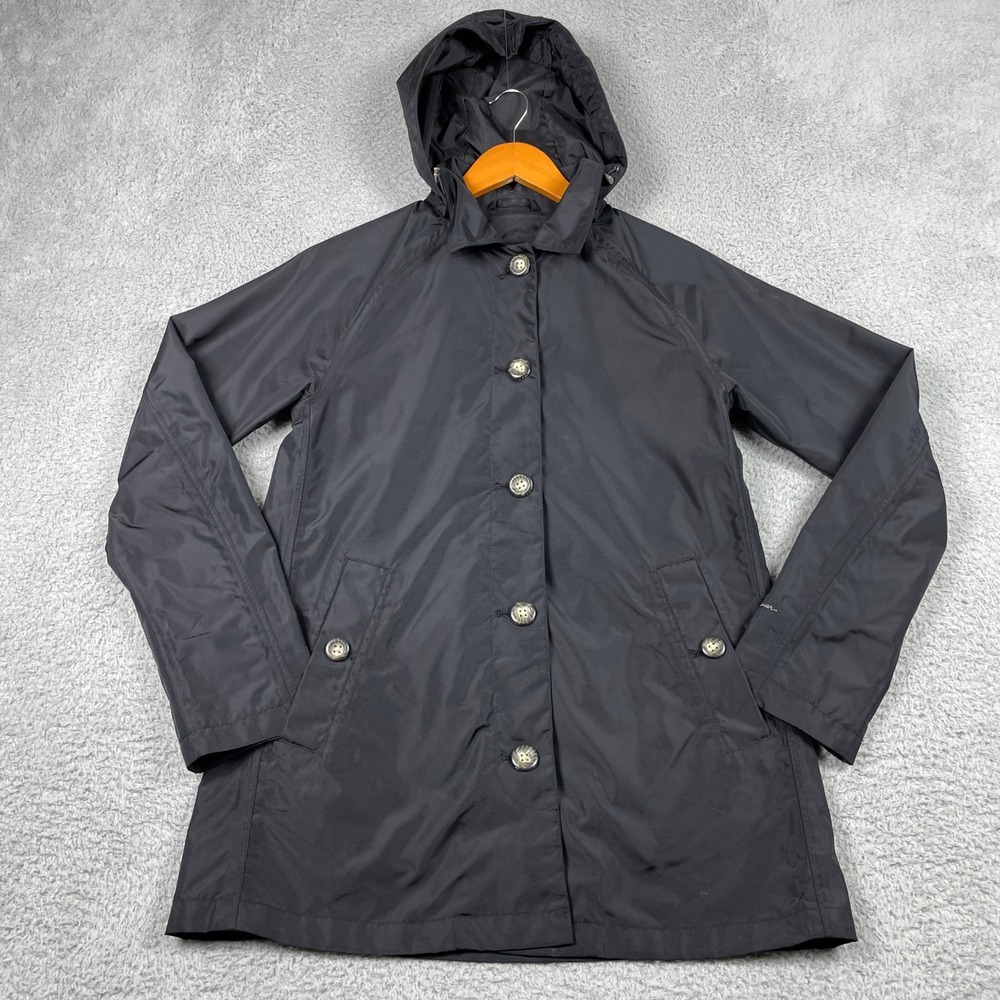 Eddie Bauer Rain Jacket Womens XS‎ Black Trench Coat Button Front Removable Hood